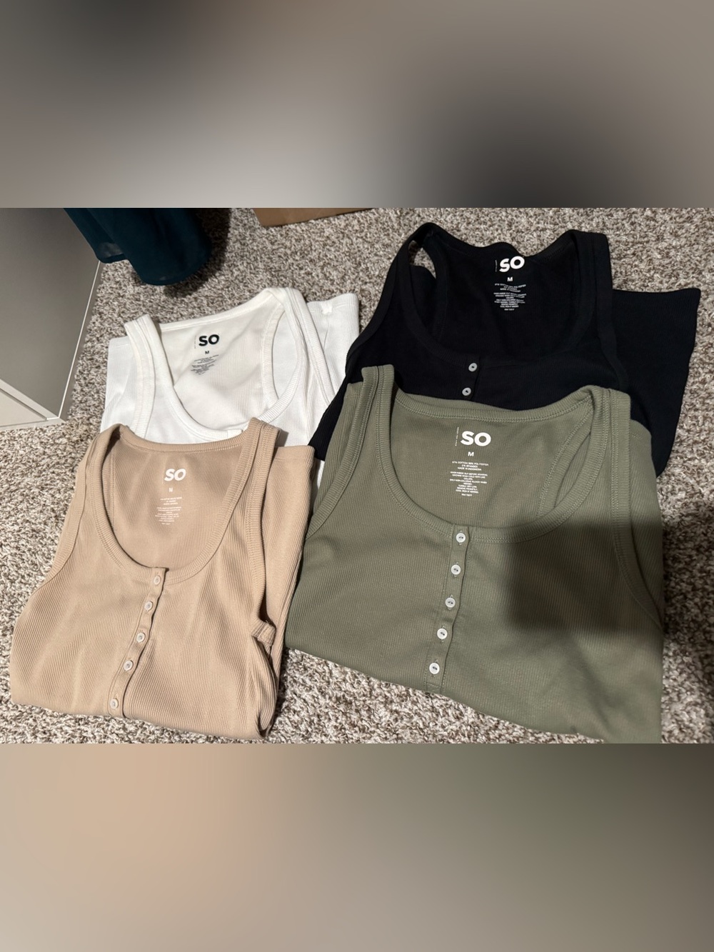 SO Ribbed Henley Tank Tops - Olive, Black, White, Beige
